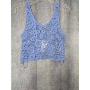 New In Women's Blue Crochet Sleeveless Tank Cropped Top Floral Open Knit SZ S/M